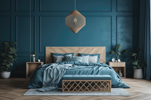 Photo chambre confortable avec des murs bleus et un lit en bois rustique generative ai