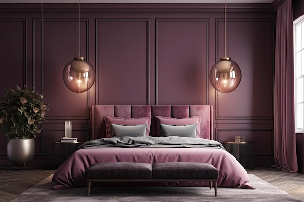 Chambre confortable avec des murs violets vibrants et un lit spacieux Generative AI