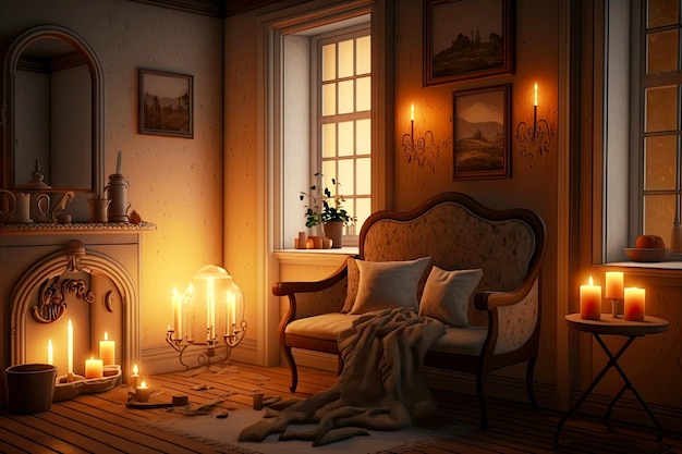 Chambre confortable avec salle de bain avec bougies et canapé contre le mur créé avec générative ai