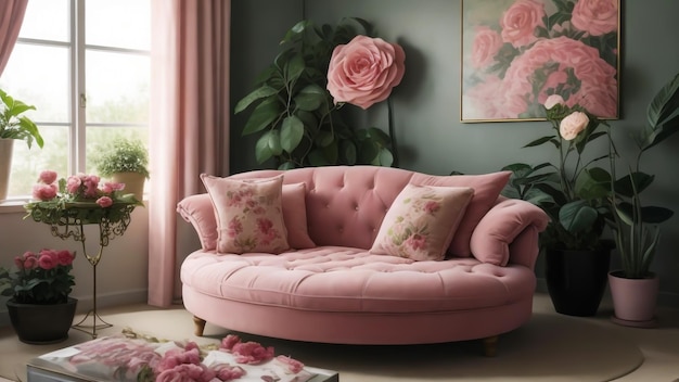 Une chambre confortable et sereine avec un magnifique pot de fleurs roses