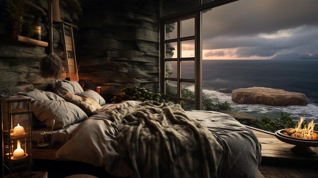 Chambre confortable avec vue sur l'océan un jour de tempête