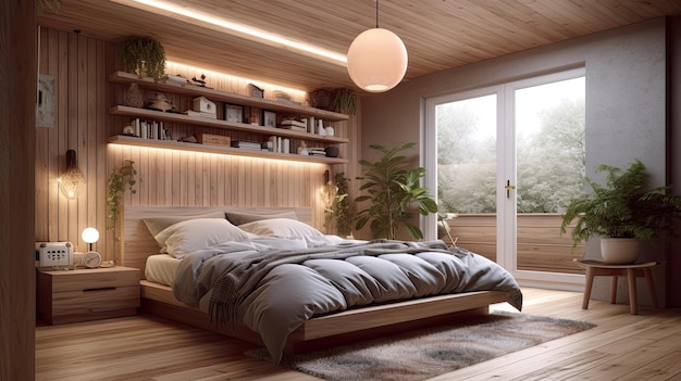 Chambre cosy décorée en bois clair de style scandinave AI générative