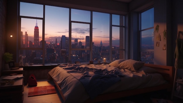 Une chambre cosy avec vue sur la ville le soir