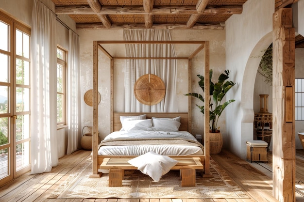 Chambre à coucher aérée et naturelle avec des accents en bois et des plantes luxuriantes