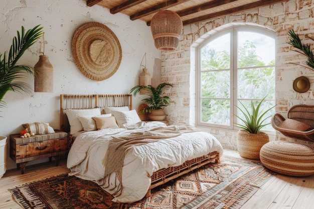 Chambre à coucher aérée et naturelle avec des accents en bois et des plantes luxuriantes