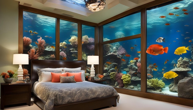 une chambre à coucher avec un aquarium et un aquarium