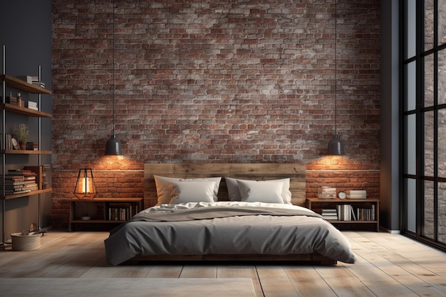 Chambre à coucher arrafée avec un mur de brique et un lit avec une tête de lit en bois