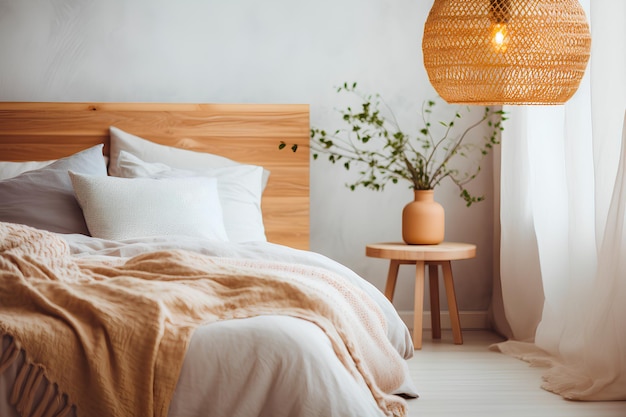 Chambre à coucher chic tête de lit en peluche linge de lit texturé et une touche naturelle avec la lumière pendante en rattan