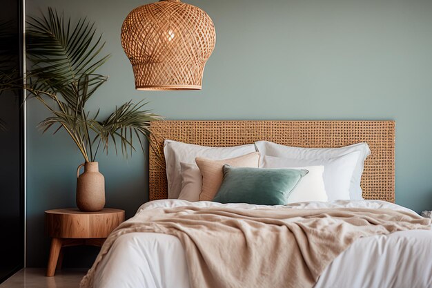 Chambre à coucher chic tête de lit en peluche linge de lit texturé et une touche naturelle avec la lumière pendante en rattan