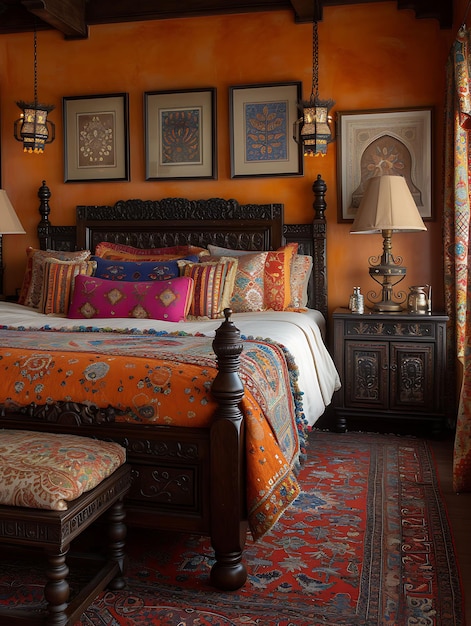 Photo chambre à coucher confortable d'inspiration indienne avec des tapisseries vibrantes sculptées en bois disposition intérieure décor créatif