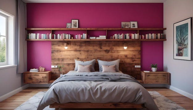 une chambre à coucher confortable avec des murs d'accent magenta et une tête de lit en bois rustique avec des étagères intégrées