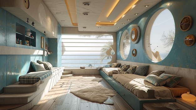 Chambre à coucher confortable partagée pour deux enfants thème beige et bleu
