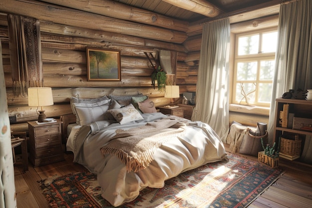 Chambre à coucher confortable de style cabine avec meubles en bois octane