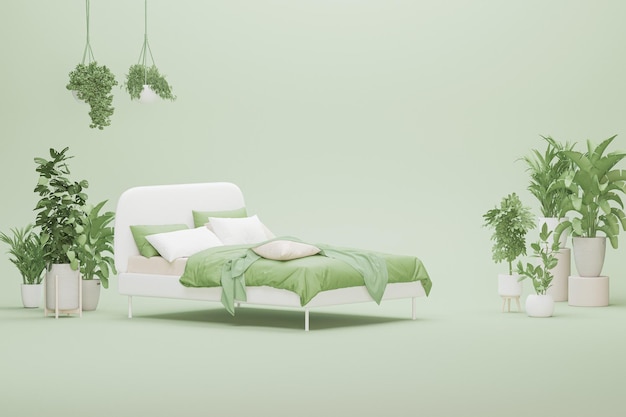 Chambre à coucher de couleur beige vert pastel et blanc avec plante de meubles Mode de vie sain rendu 3d