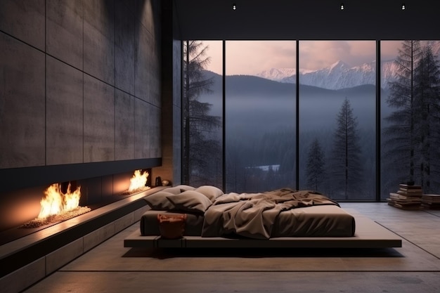 Chambre à coucher dans des couleurs sombres avec un lit cheminée minimaliste et d'énormes fenêtres surplombant les montagnes de la nuit