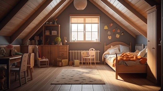 Chambre à coucher dans le grenier design d'intérieur moderne Chambre d'adolescent confortable lit en bois et ameublement bureau et chaises jouets et décor Espace de maison contemporain avec fond d'illustration de meubles AI générative