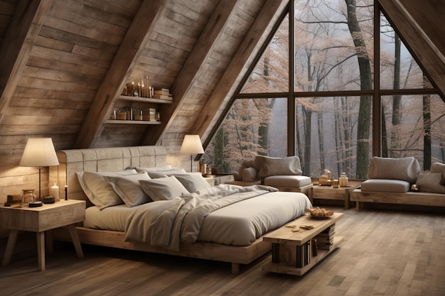 Chambre à coucher avec un design de concept de ferme scandinave