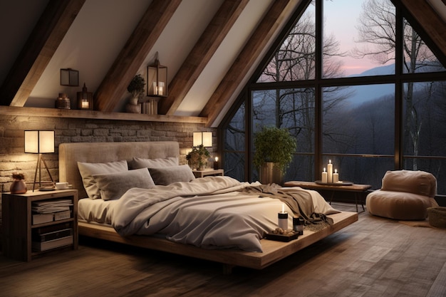 Une chambre à coucher avec un design de concept rustique