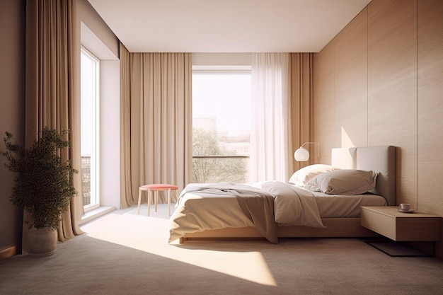 Chambre à coucher design d'intérieur minimaliste avec un style de ton confortable beige décorer avec un lit en bois Generative Ai