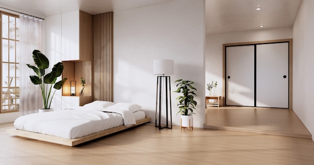 Chambre à coucher design japonais à l'intérieur de la chambre tropicale et sol en tatami. rendu 3D