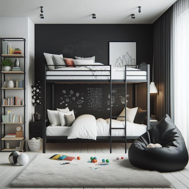 une chambre à coucher avec une étagère et une bibliothèque