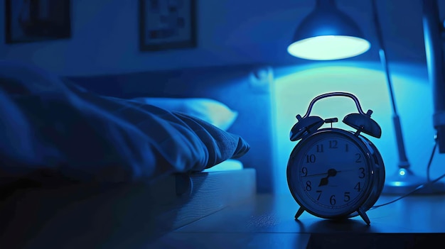 Photo une chambre à coucher faiblement éclairée avec une horloge sur la table de nuit l'horloge indique trois heures du matin une personne dort dans le lit la pièce est sombre et calme