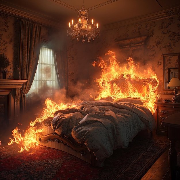 Photo une chambre à coucher avec un feu brûlant et une image d'un feu brûlant au milieu