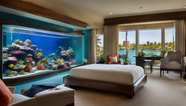 une chambre à coucher avec un grand aquarium et une grande fenêtre avec vue sur l'océan