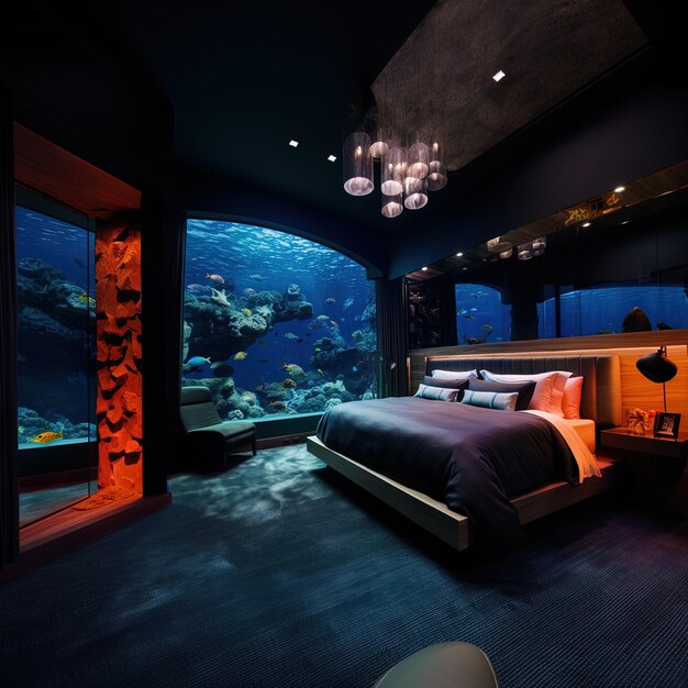Photo une chambre à coucher avec un grand aquarium et un gros aquarium
