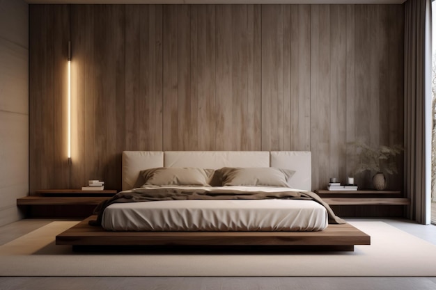 Chambre à coucher avec un grand lit et un mur en bois Idée de design d'intérieur