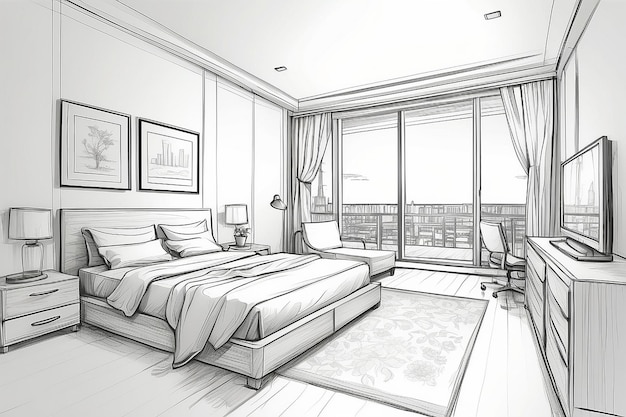 Chambre à coucher Illustration vectorielle modifiable d'un croquis de contour d'un intérieur Dessin graphique à la main de l'intérieur