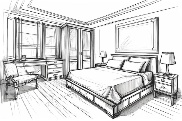 Chambre à coucher Illustration vectorielle modifiable d'un croquis de contour d'un intérieur Dessin graphique à la main de l'intérieur