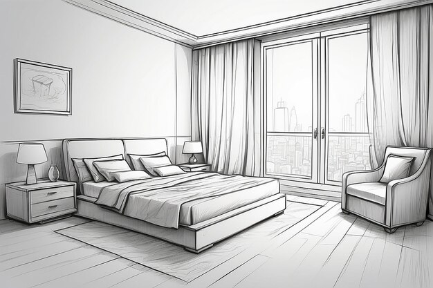 Chambre à coucher Illustration vectorielle modifiable d'un croquis de contour d'un intérieur Dessin graphique à la main de l'intérieur