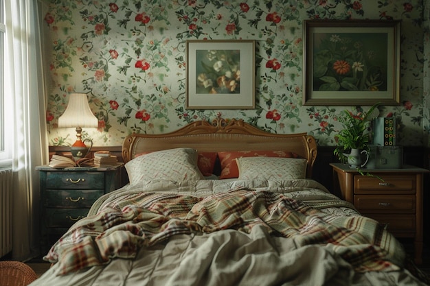 Chambre à coucher d'inspiration vintage avec papier peint floral octa