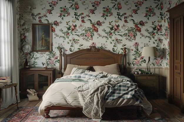 Chambre à coucher d'inspiration vintage avec papier peint floral octa