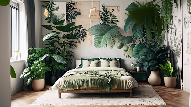 Chambre à coucher inspirée de la jungle urbaine avec des plantes d'intérieur luxuriantes et des impressions botaniques