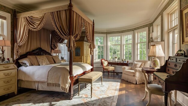 Une chambre à coucher intérieure chaleureuse et élégante avec de beaux meubles antiques et un lit à quatre étages.