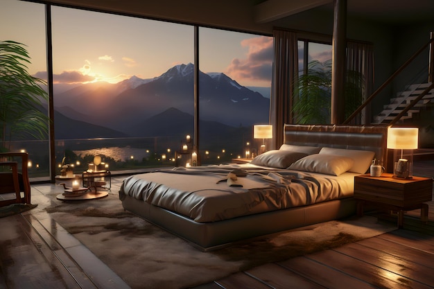 chambre à coucher intérieure avec vue sur les montagnes