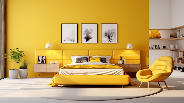 chambre à coucher jaune moderne intérieur rendu 3d ai généré