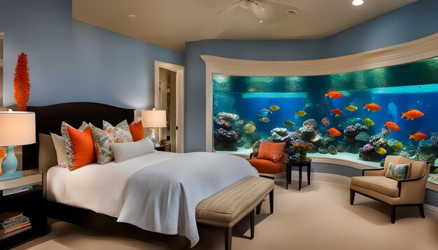 Photo une chambre à coucher avec un lit, un aquarium et un aquarium