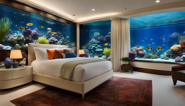 Photo une chambre à coucher avec un lit et un aquarium avec un aquarium