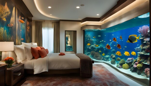 Photo une chambre à coucher avec un lit et un aquarium