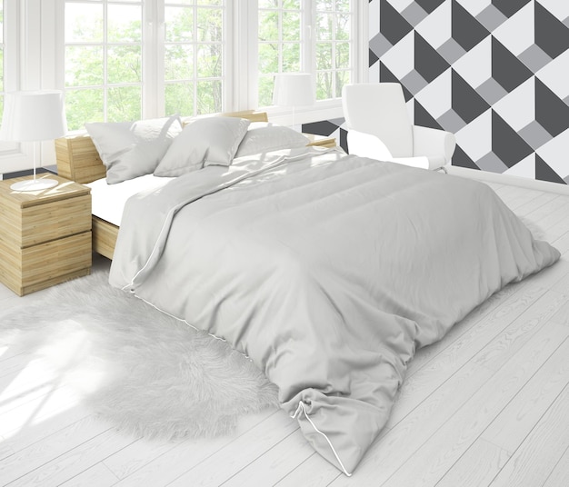 une chambre à coucher avec un lit blanc et un couvre-tout blanc avec un papier peint à carreaux noir et blanc