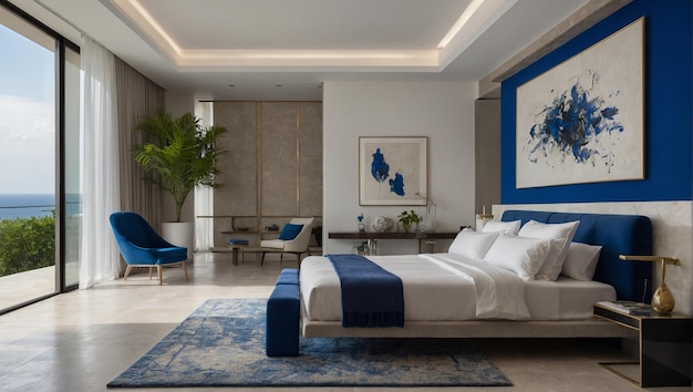 une chambre à coucher avec un lit bleu et blanc et une peinture d'une vue sur la mer générative AI