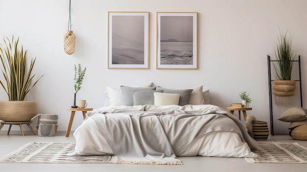 une chambre à coucher avec un lit et un cadre d'image avec vue sur la mer