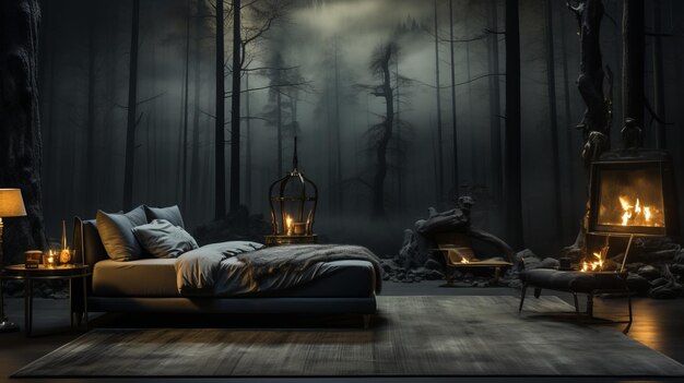 Photo une chambre à coucher avec un lit et une chaise dans une forêt sombre