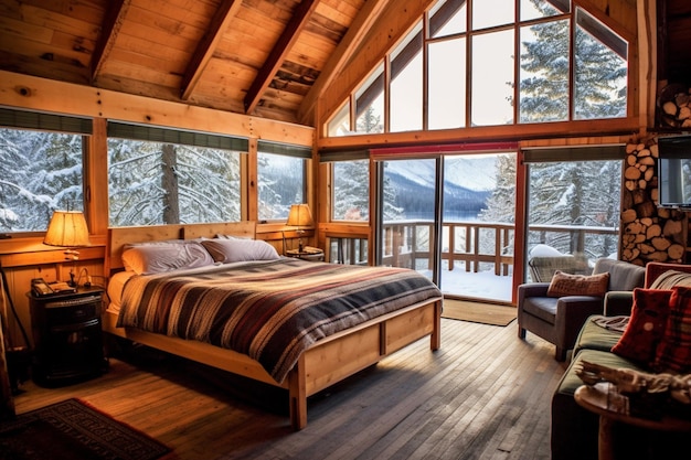 Chambre à coucher avec un lit et une chaise devant une fenêtre générative ai