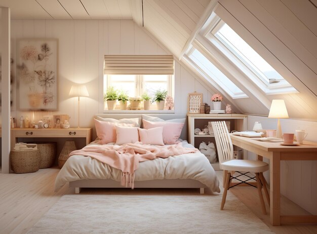 Chambre à coucher avec un lit double une table de nuit et une fenêtre avec des oreillers rose clair