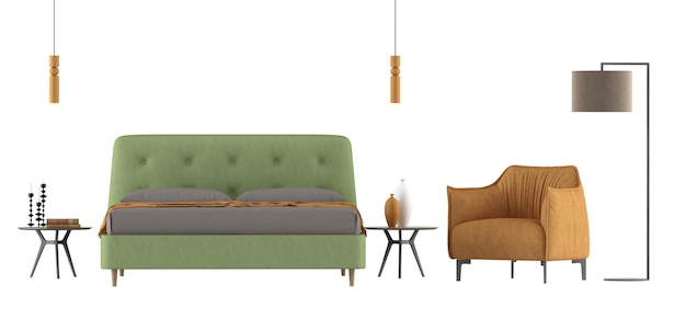 Chambre à coucher avec lit double vert et fauteuil orange isolé sur fond blanc rendu 3D