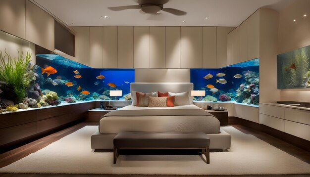 Photo une chambre à coucher avec un lit et un grand aquarium avec des poissons qui y nagent